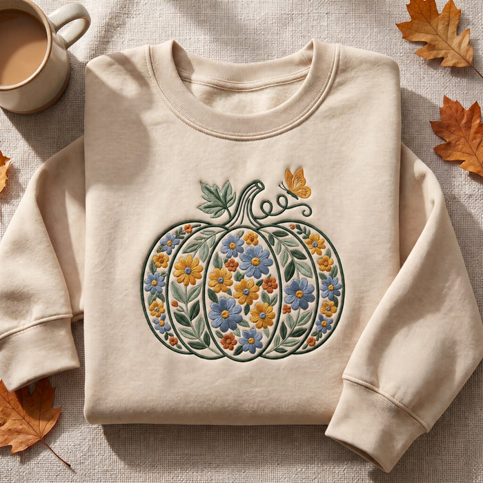 Personalized Floral Pumpkin Butterfly Wildflowers Custom Name Sleeve Embroidered Sweatshirt