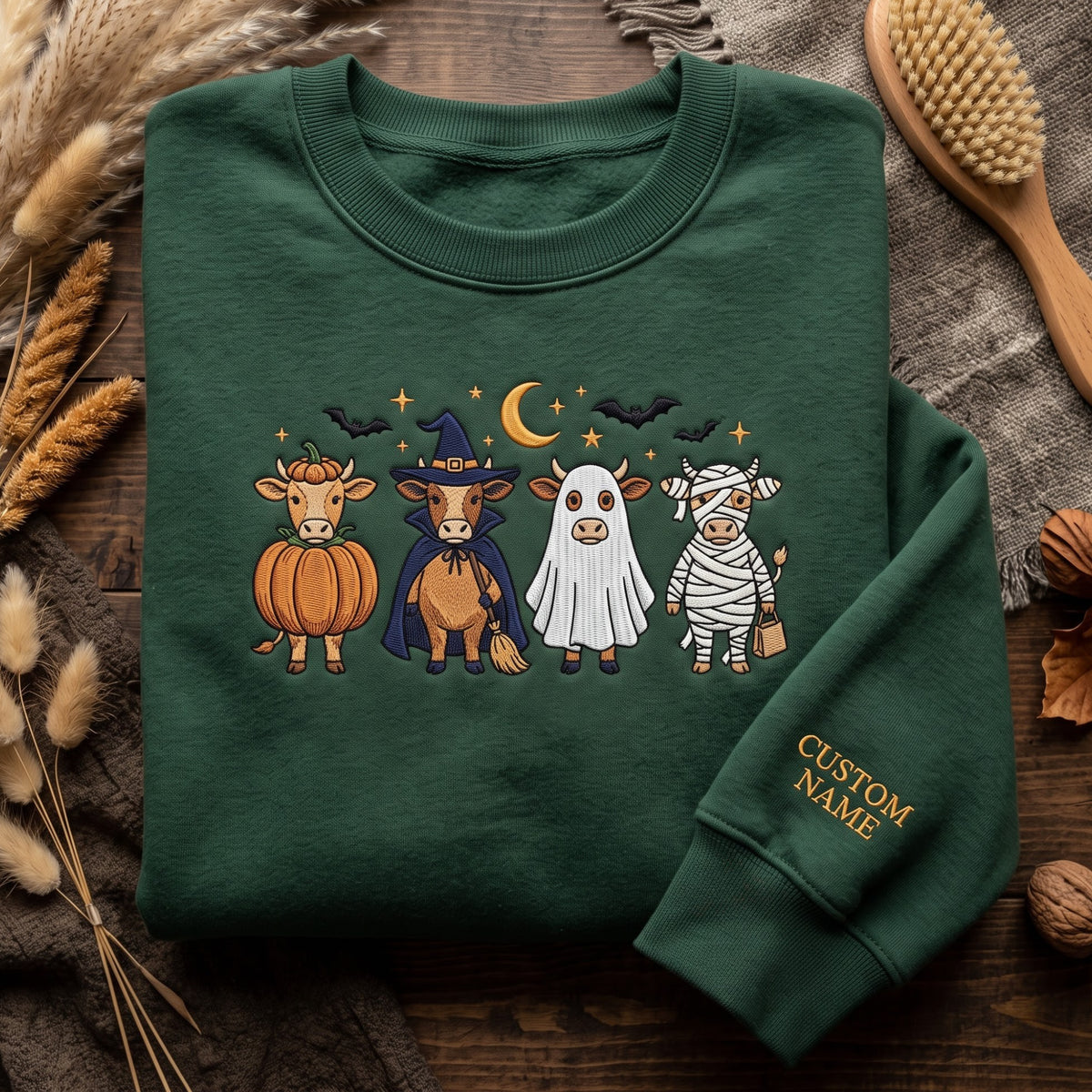 Personalized Halloween Cow Pumpkin Witch Ghost Mummy Moon Bats embroidered sweatshirt — front view