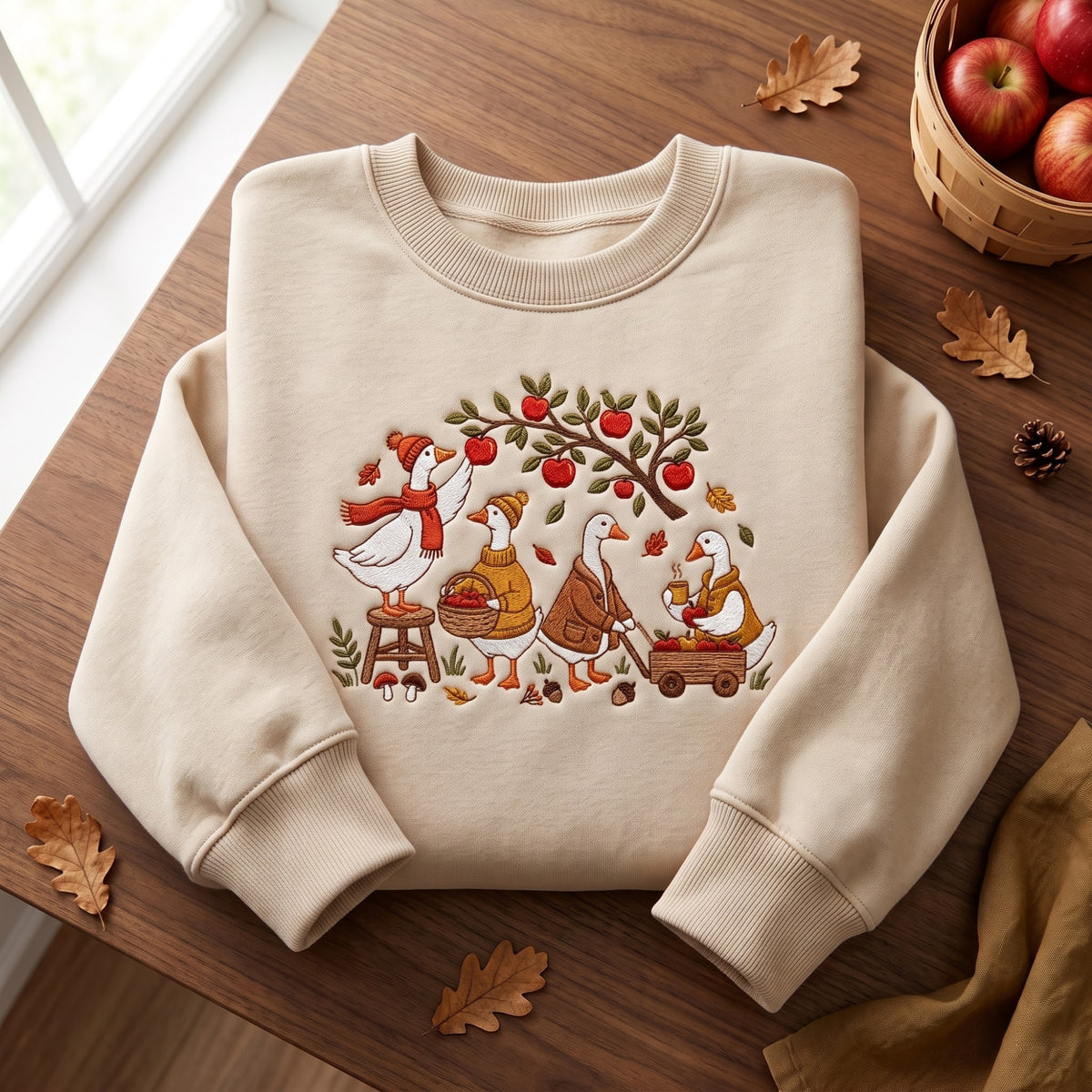Fall Apple Picking Geese Autumn Cozy Sweater Scarf Wagon embroidered sweatshirt — front view
