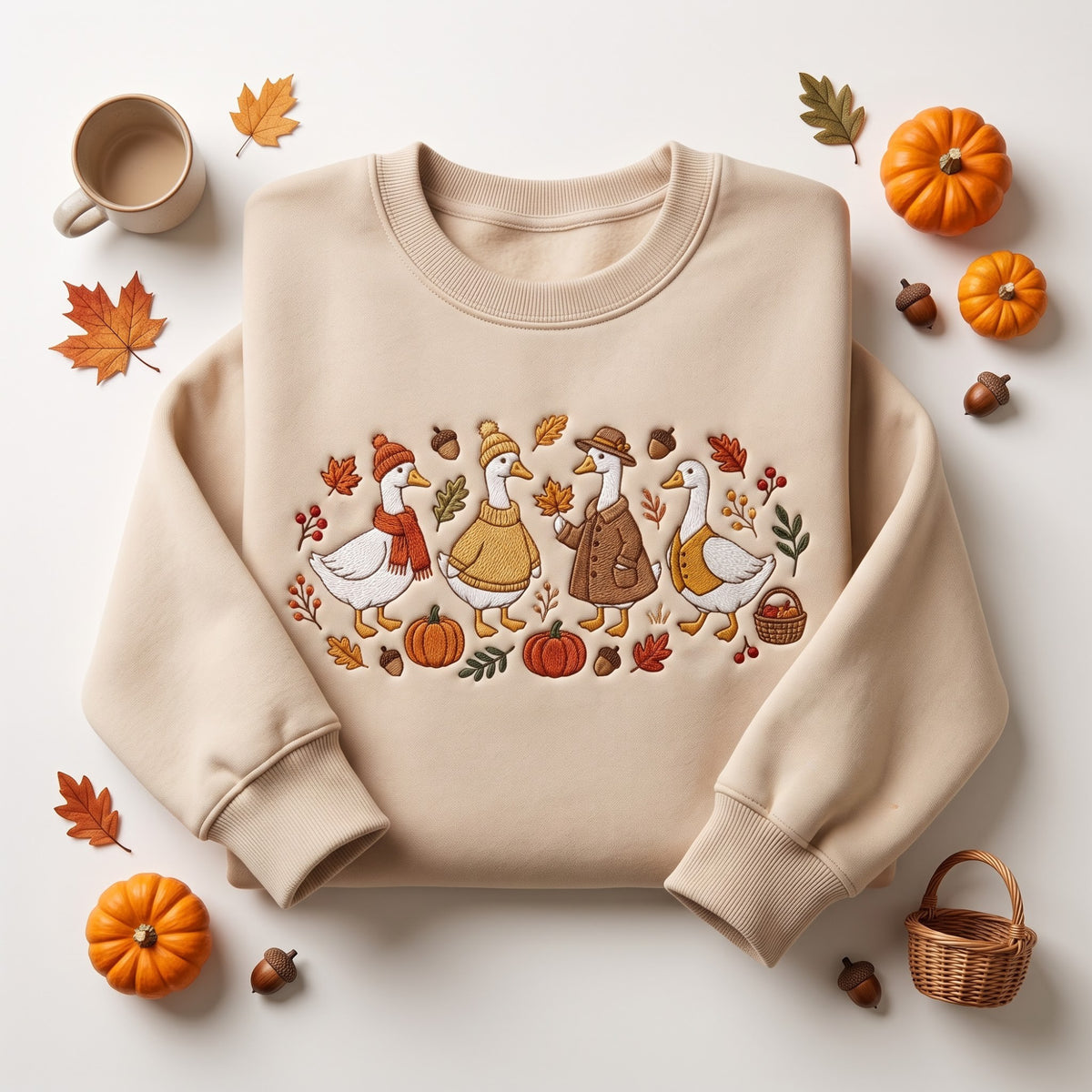 Fall Autumn Geese Pumpkin Leaves Acorns Cozy Sweater Scarf Hat embroidered sweatshirt — front view