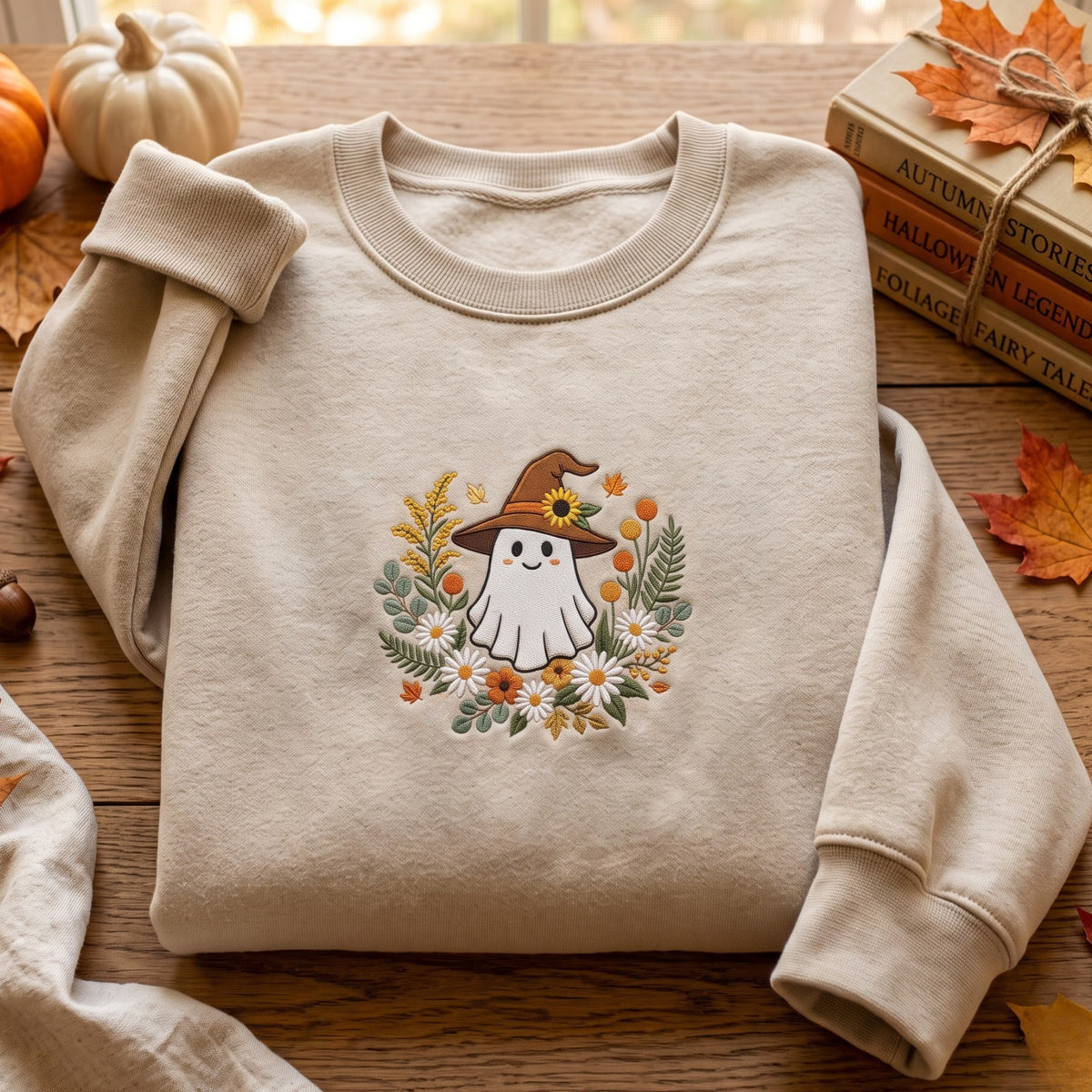 Halloween Floral Ghost Witch Hat Wildflowers Wreath embroidered sweatshirt — front view