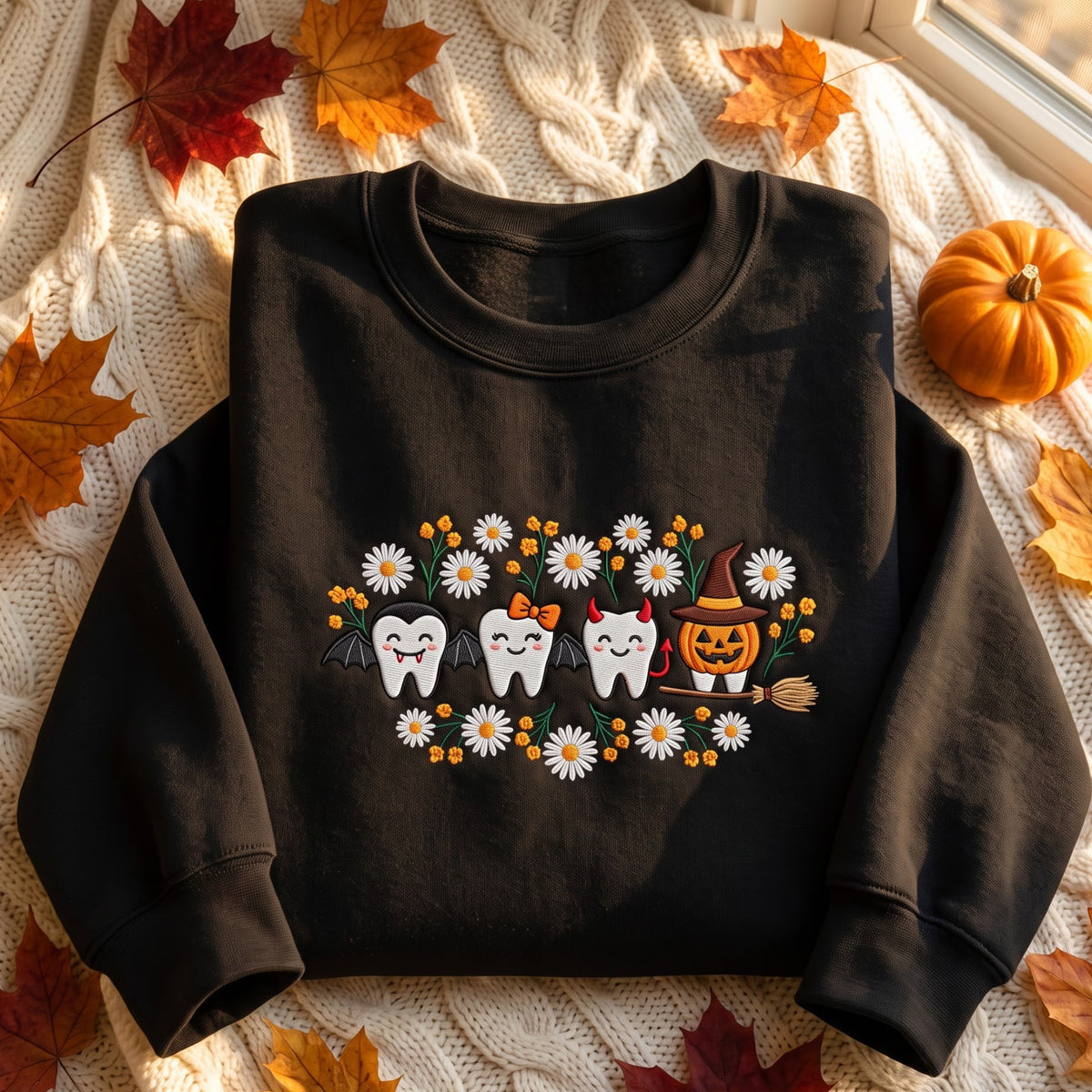 Halloween Dentist Teeth Vampire Devil Witch Pumpkin Daisy Floral embroidered sweatshirt — front view