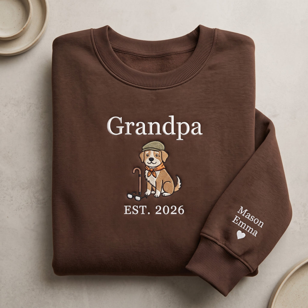 Personalized Grandpa Dog EST Year Kids Names Sleeve embroidered sweatshirt — front view