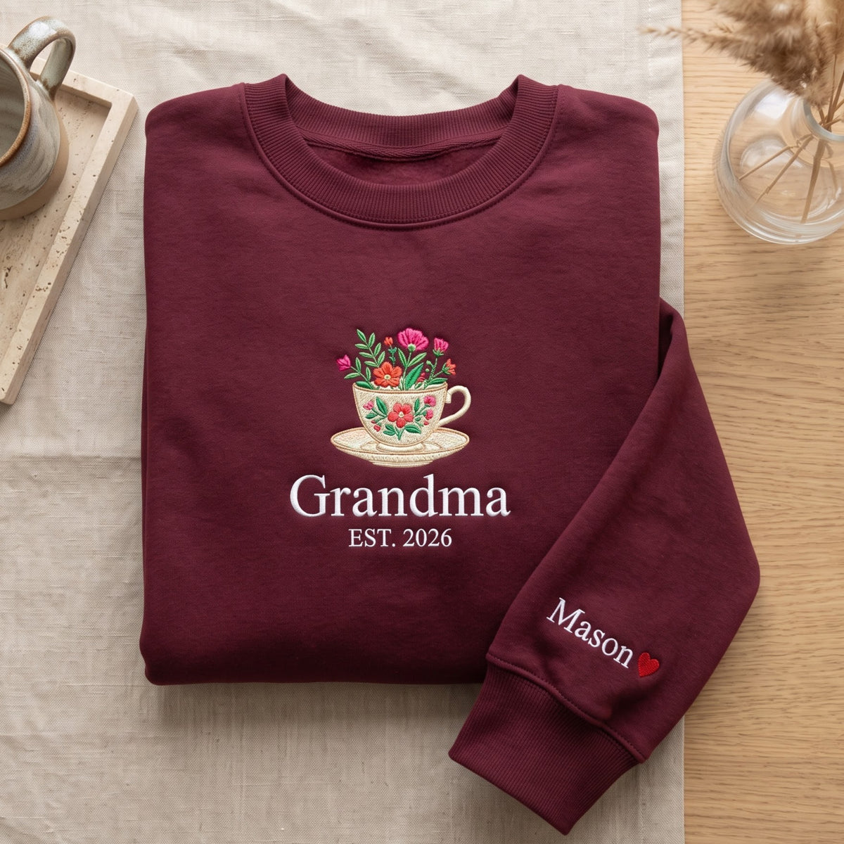 Personalized Grandma Floral Teacup EST Year Kids Names Sleeve embroidered sweatshirt — front view