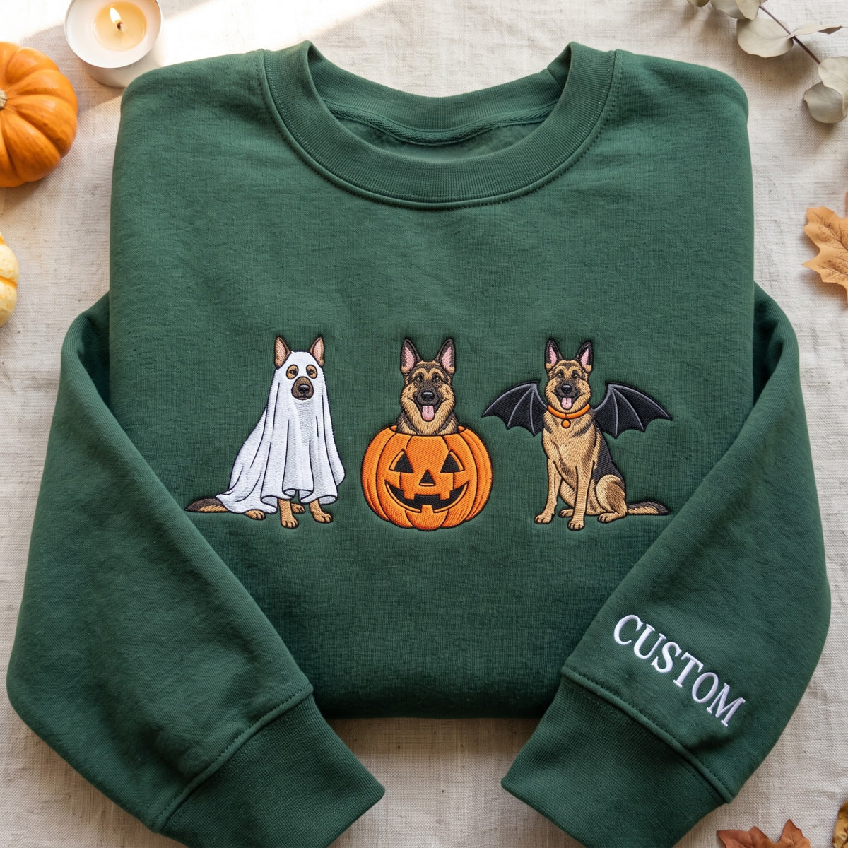 Personalized Halloween German Shepherd Ghost Pumpkin Bat Wings Trio embroidered sweatshirt — front view