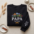 Personalized Papa EST Wildflower Bouquet Mustache Kids Names on Sleeve embroidered sweatshirt — front view
