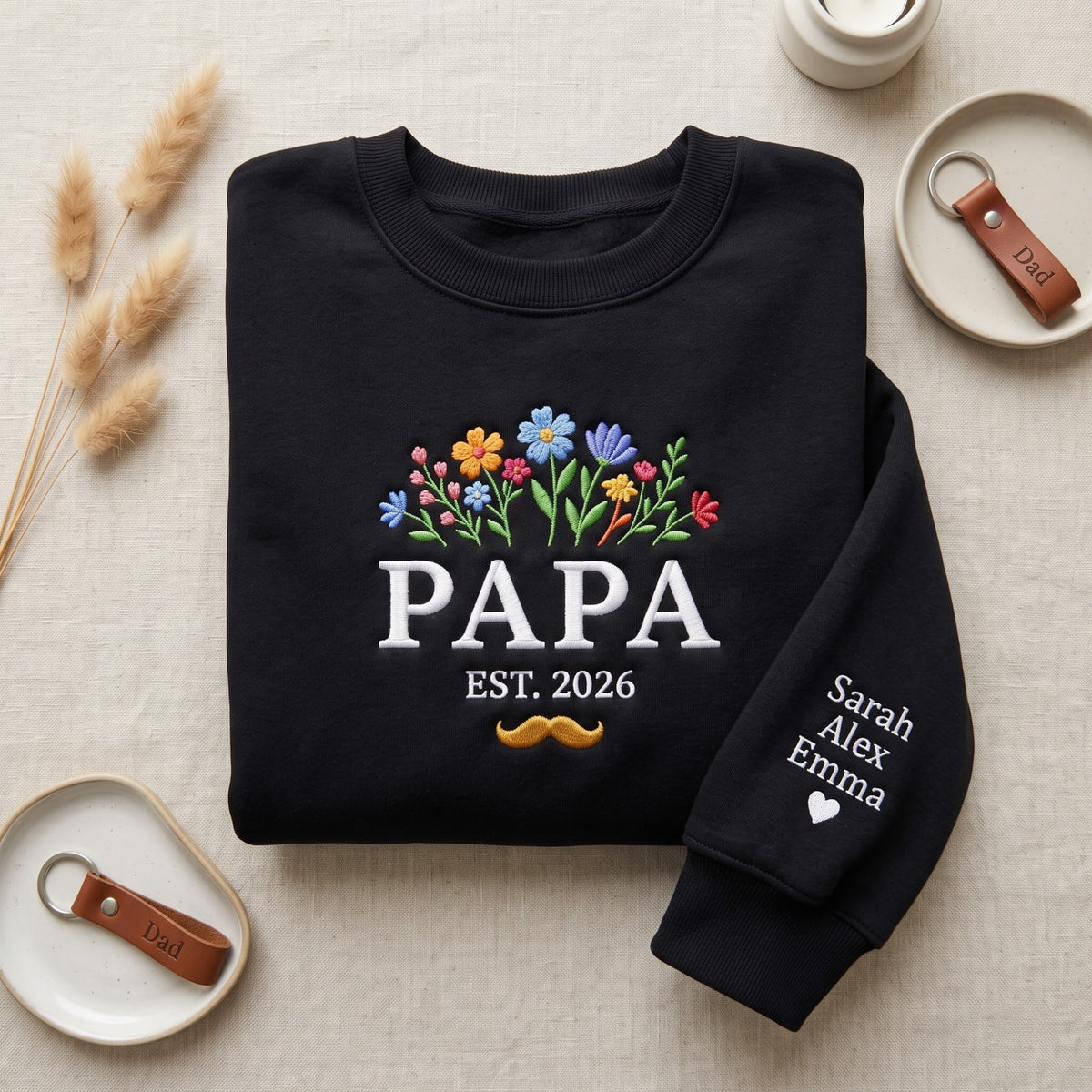 Personalized Papa EST Wildflower Bouquet Mustache Kids Names on Sleeve embroidered sweatshirt — front view