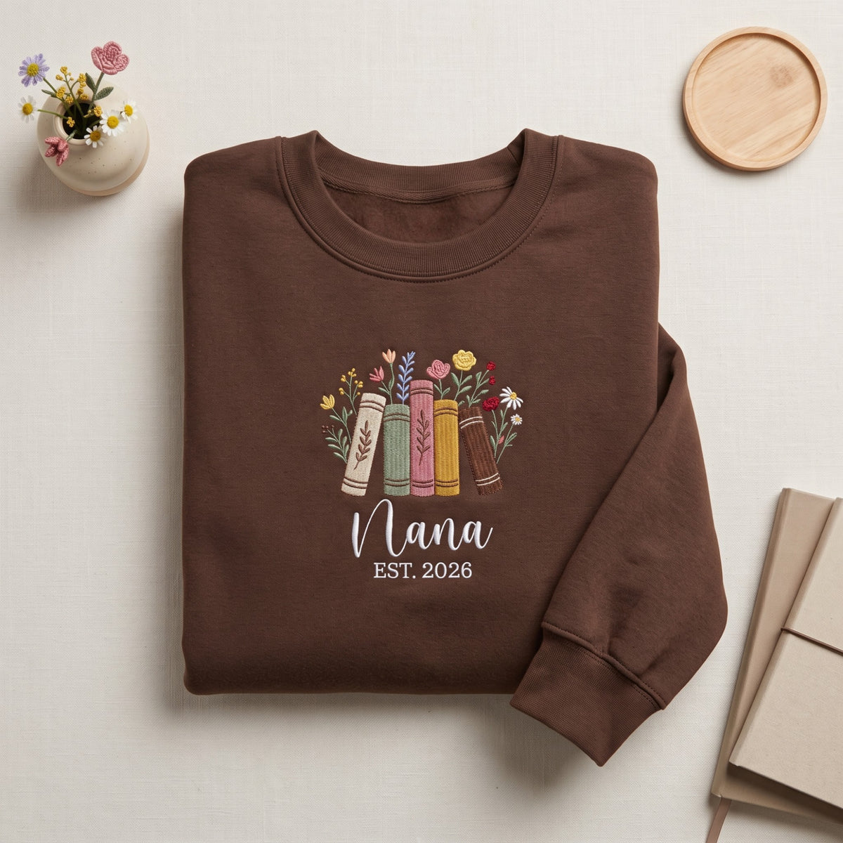 Personalized Nana EST Year Floral Books Wildflowers embroidered sweatshirt — front view