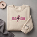 Personalized Mama Rock Lightning Bolt Checkered Sleeve Name embroidered sweatshirt — front view