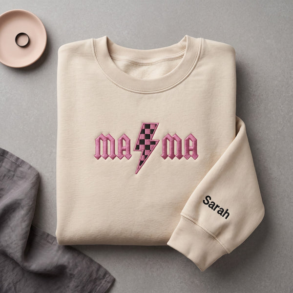 Personalized Mama Rock Lightning Bolt Checkered Sleeve Name embroidered sweatshirt — front view