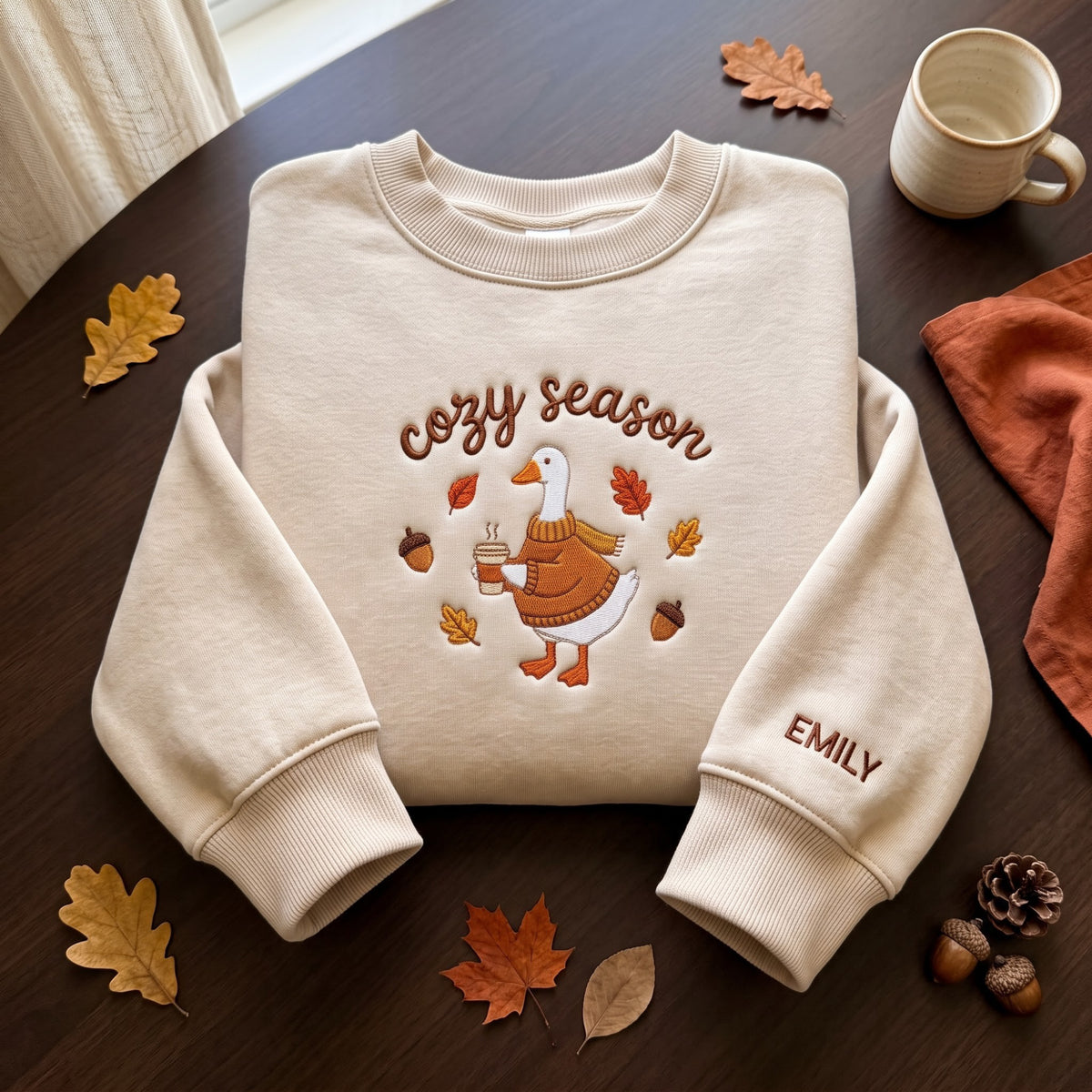 Personalized Cozy Season Goose Fall Autumn Leaves Acorns Coffee embroidered sweatshirt — front view