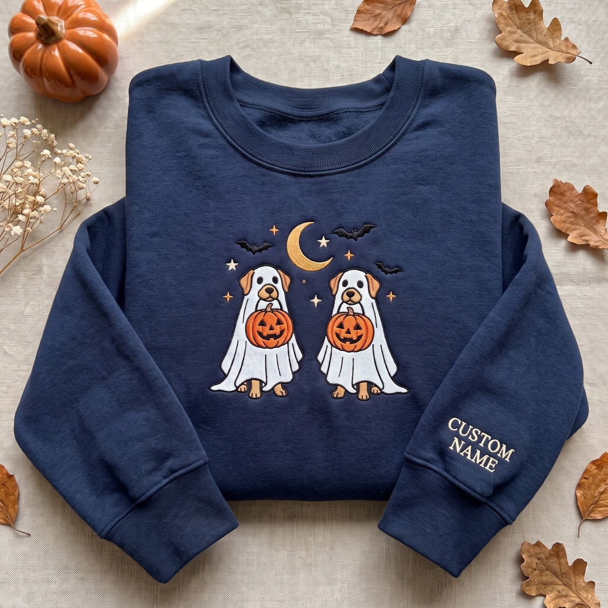 Personalized Halloween Ghost Dogs Pumpkin Moon Bats embroidered sweatshirt — front view