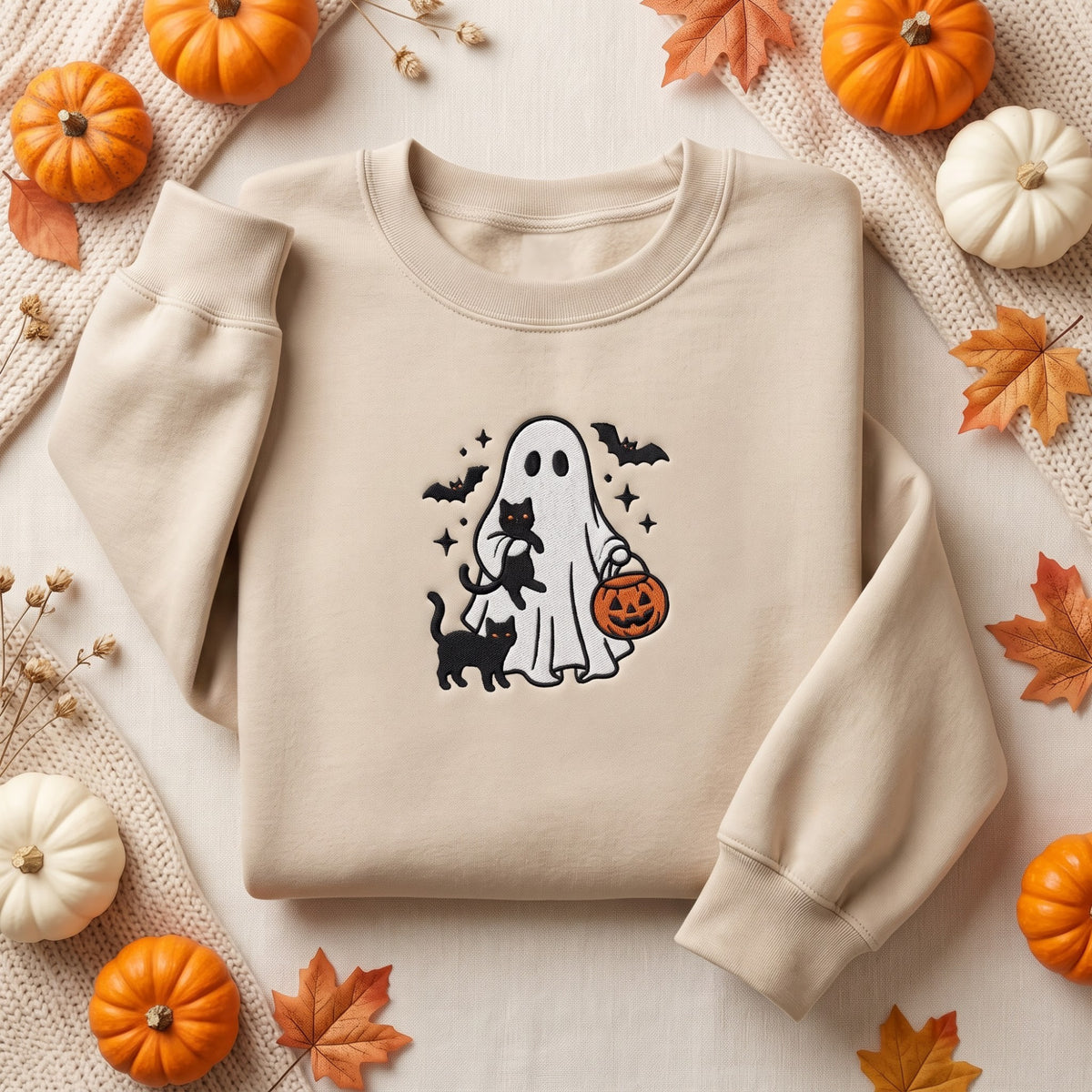 Halloween Ghost Black Cats Bats Jack-O-Lantern Trick or Treat embroidered sweatshirt — front view
