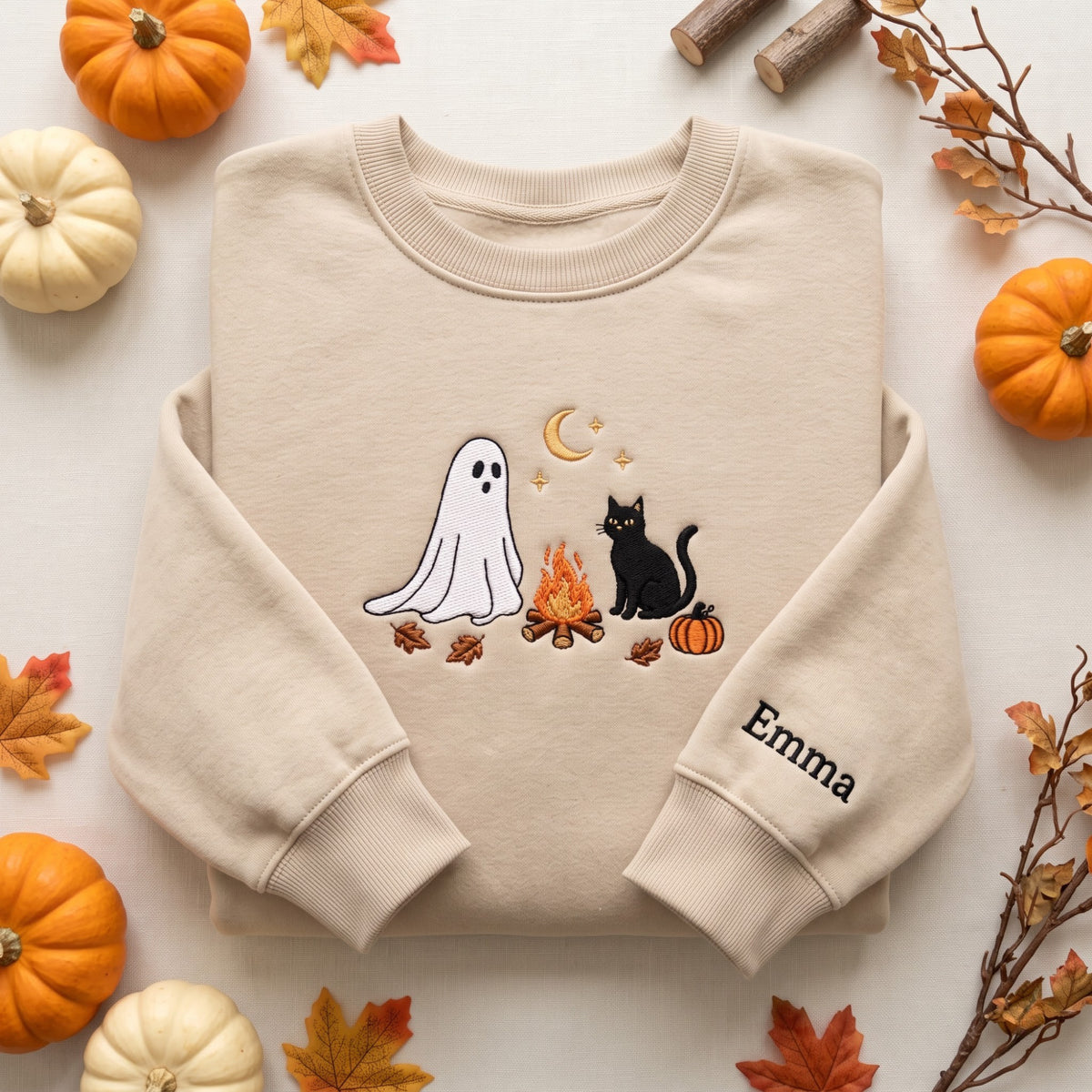 Personalized Halloween Ghost Black Cat Campfire Pumpkin Moon embroidered sweatshirt — front view