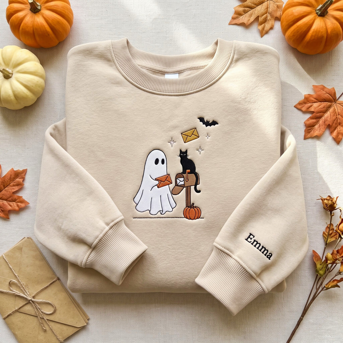 Personalized Halloween Ghost Black Cat Mailbox Pumpkin Bats Sparkles embroidered sweatshirt — front view