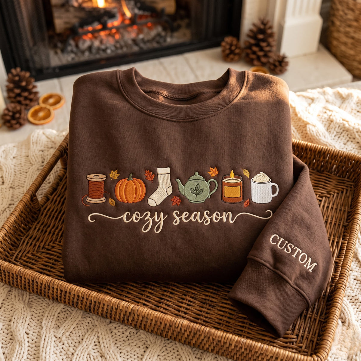 Personalized Cozy Season Fall Thread Spool Pumpkin Teapot Candle Latte Custom Sleeve embroidered sweatshirt — front view