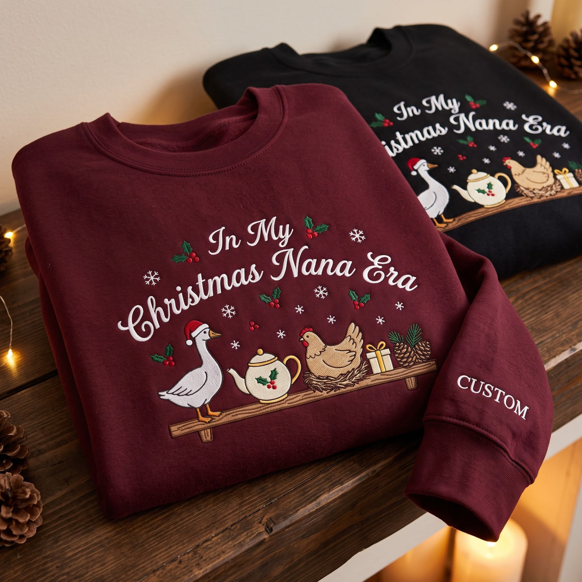 Personalized in My Christmas Nana Era Goose Chicken Teapot Shelf embroidered sweatshirt — front view
