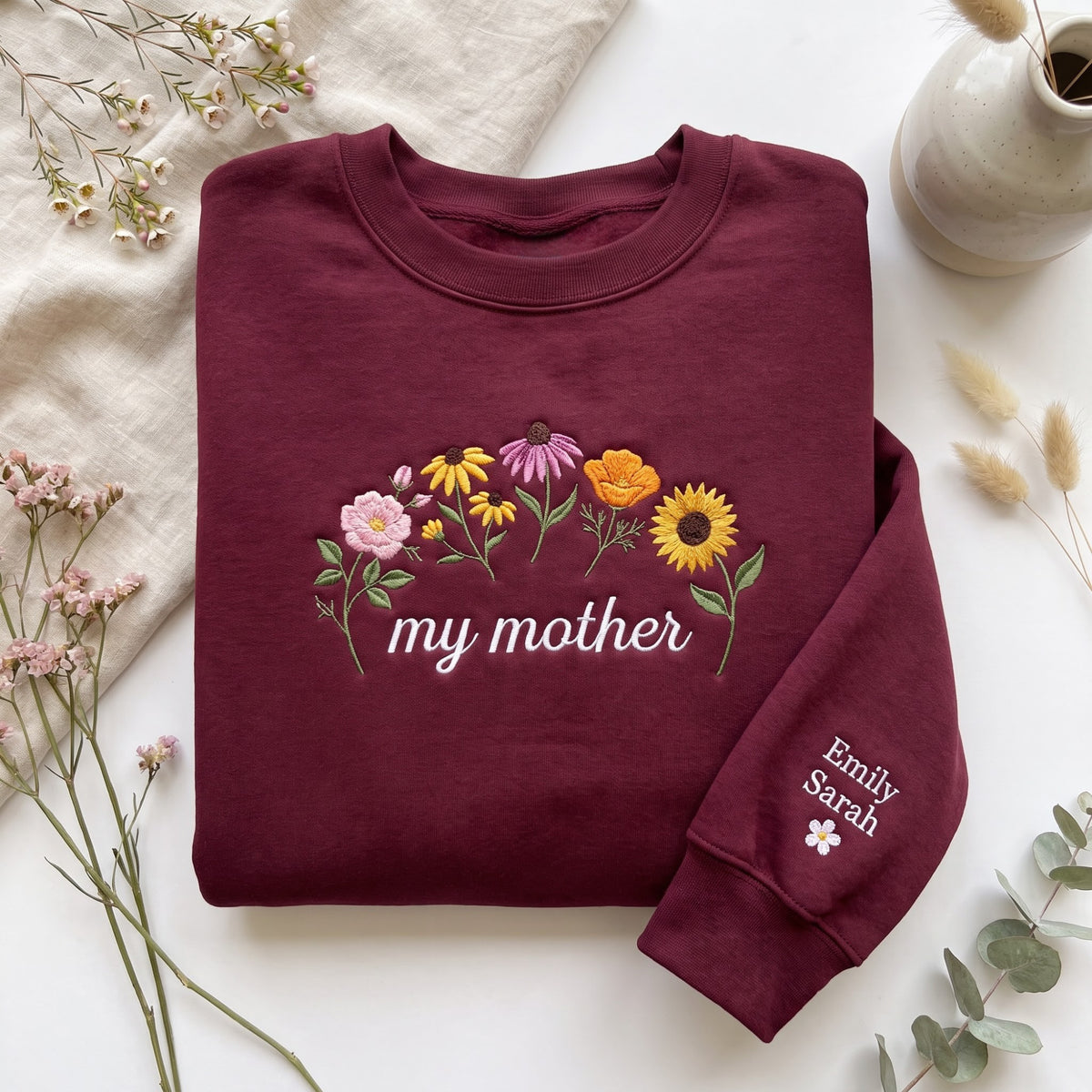 Personalized My Mother Wildflower Bouquet Kids Names Sleeve embroidered sweatshirt — front view