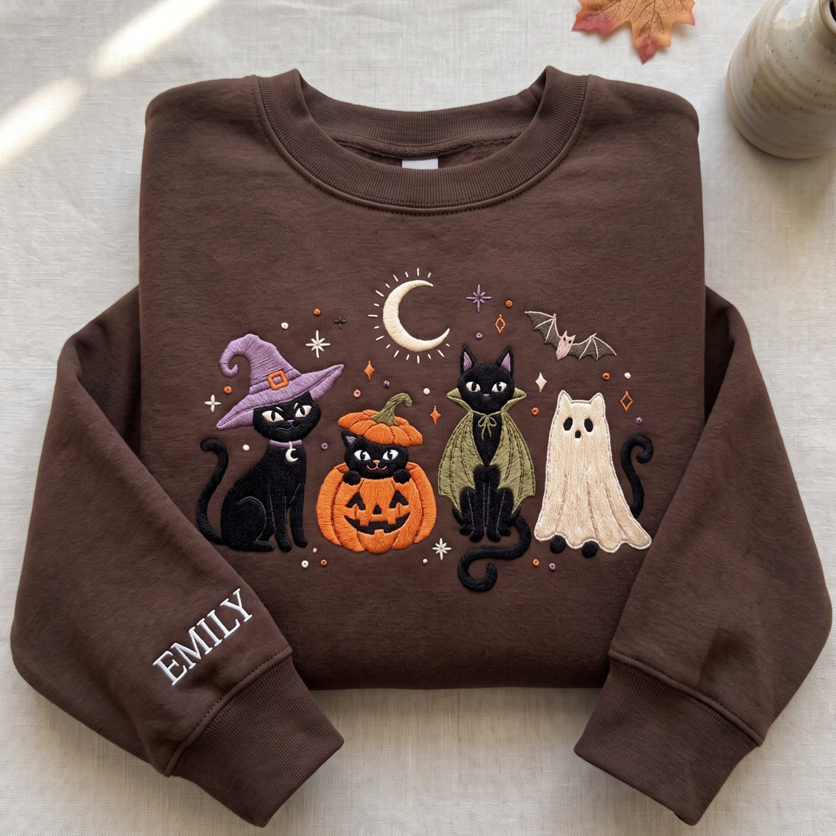 Personalized Halloween Black Cats Witch Vampire Ghost Pumpkin Moon embroidered sweatshirt — front view