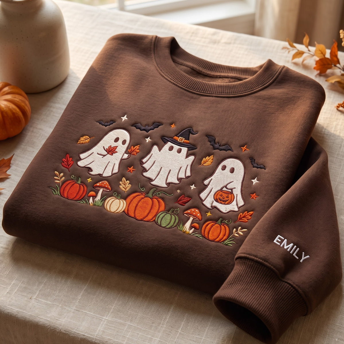 Personalized Halloween Three Ghosts Pumpkins Mushrooms Fall Leaves Bats embroidered sweatshirt — front view
