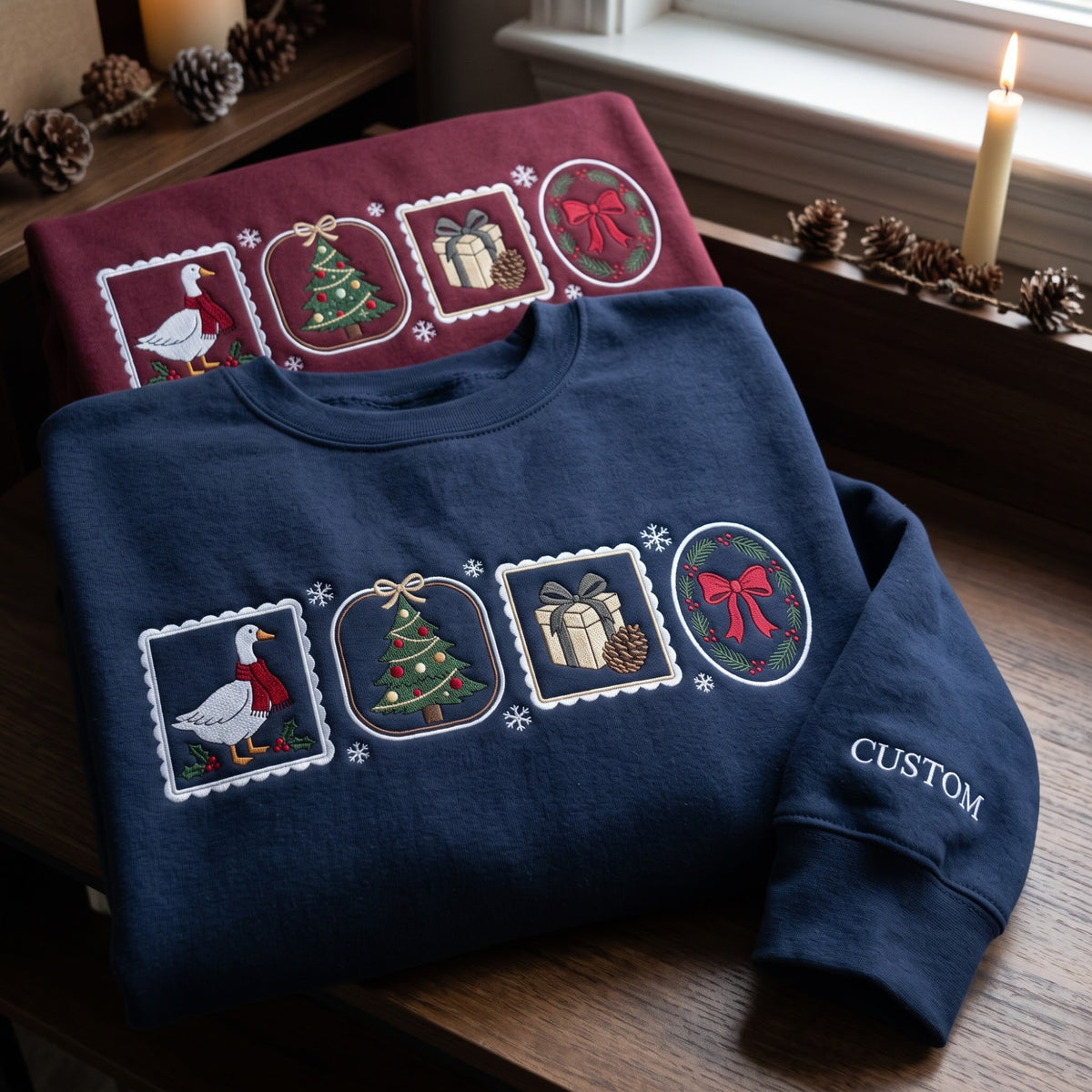 Personalized Christmas Goose Stamp Tree Gift Wreath Coquette Bow Holiday embroidered sweatshirt — front view