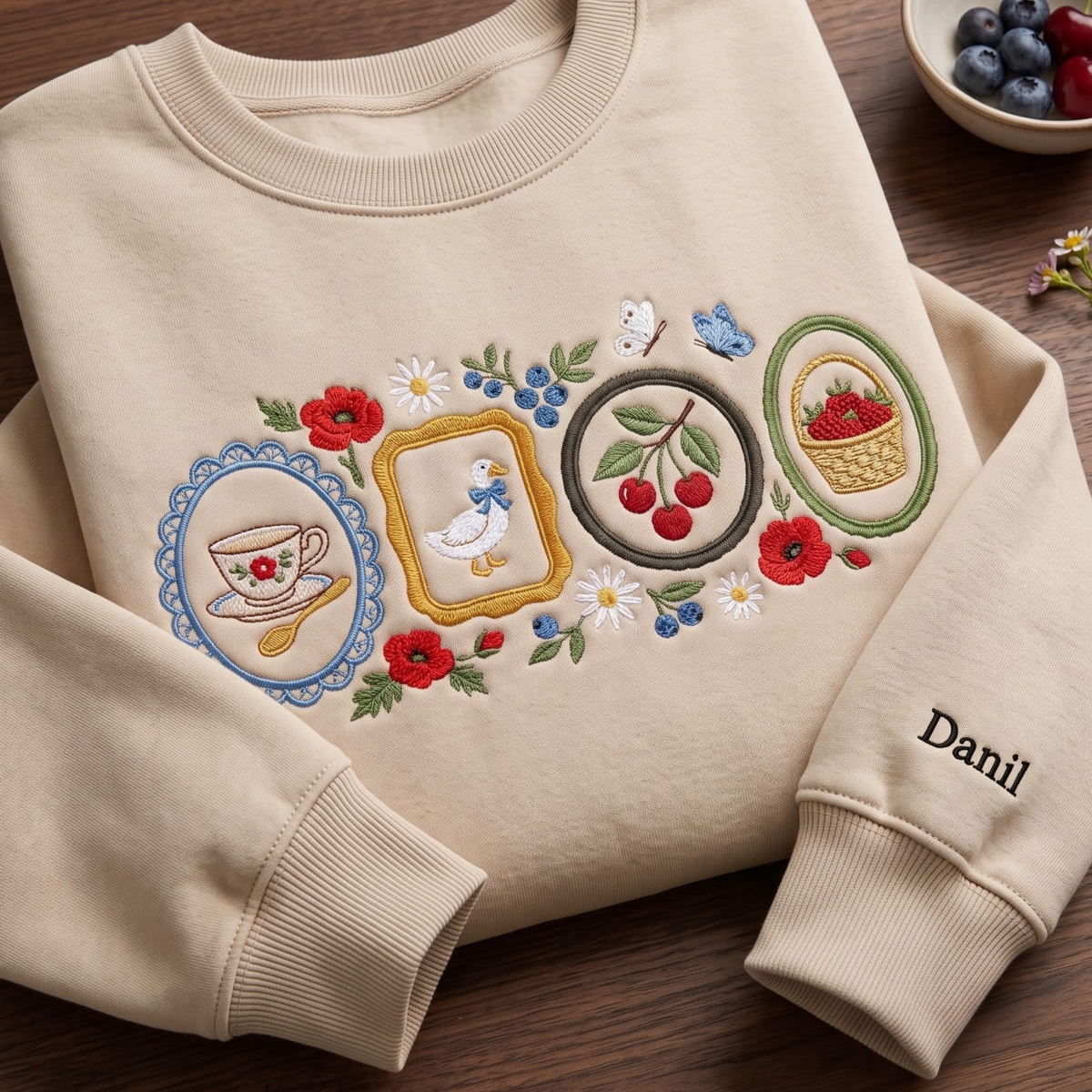 Personalized Teacup Goose Cherry Basket Floral Frames Cottagecore embroidered sweatshirt — front view