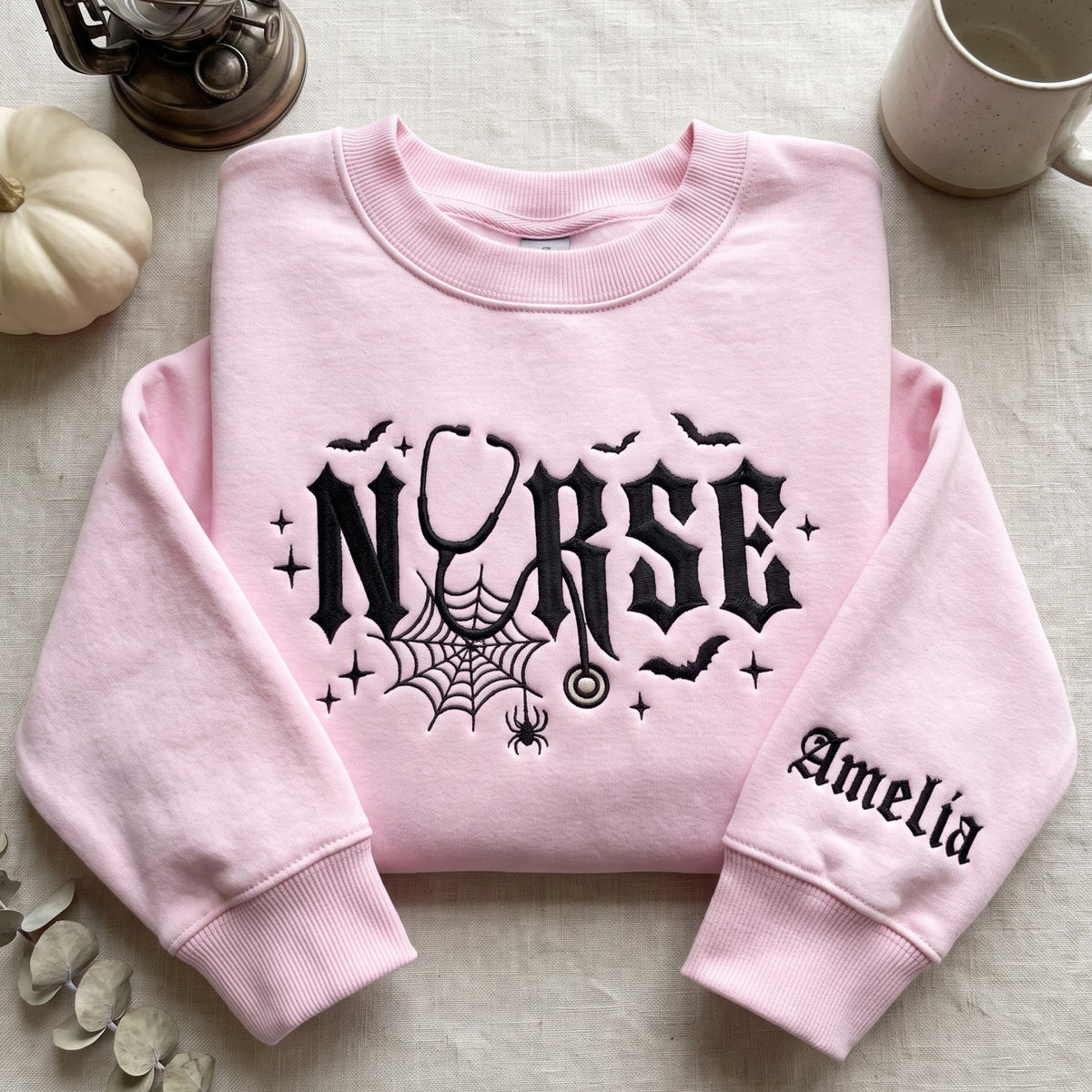 Personalized Halloween Nurse Gothic Stethoscope Spider Web Bats embroidered sweatshirt — front view