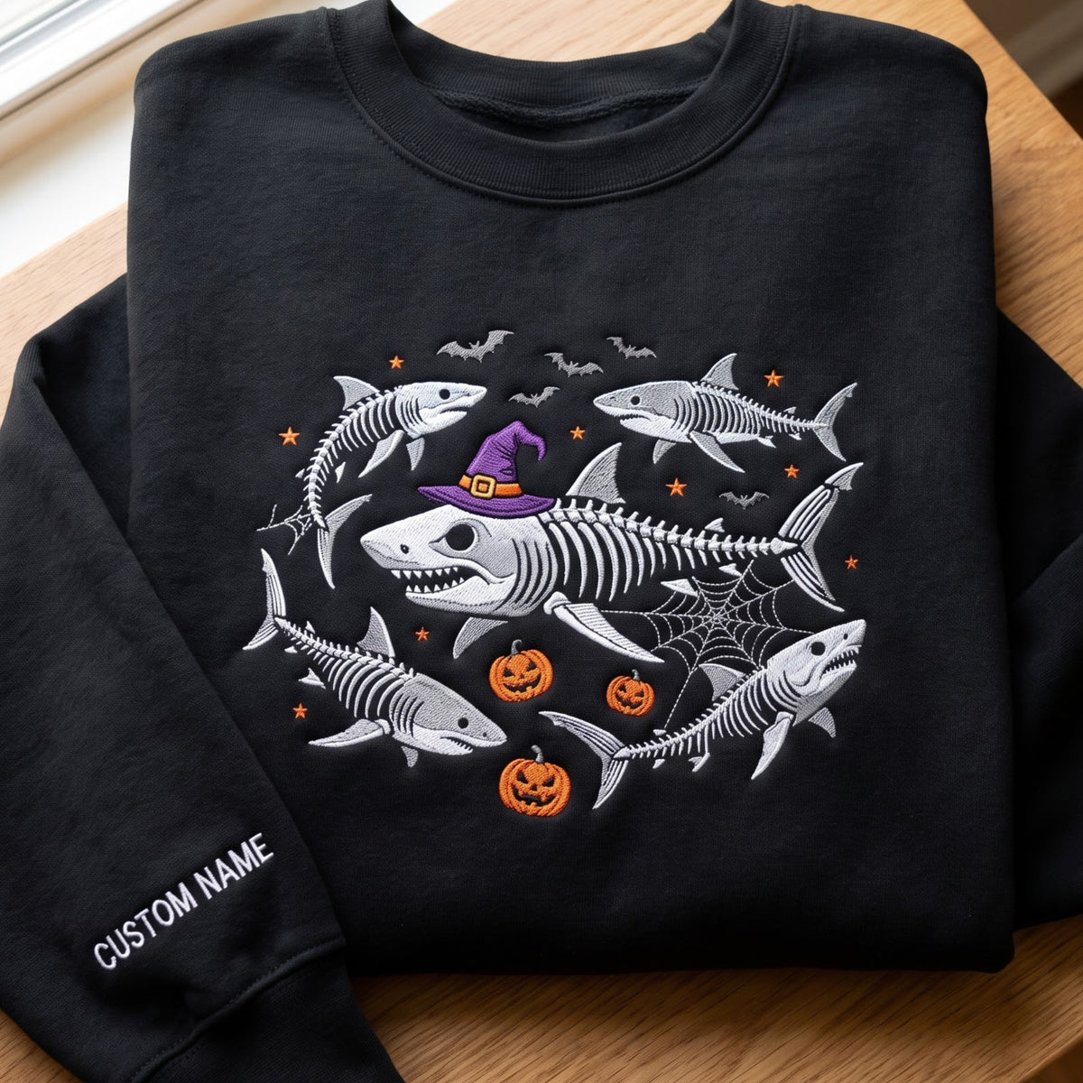 Personalized Halloween Skeleton Shark Witch Hat Pumpkins Bats Spider Web embroidered sweatshirt — front view