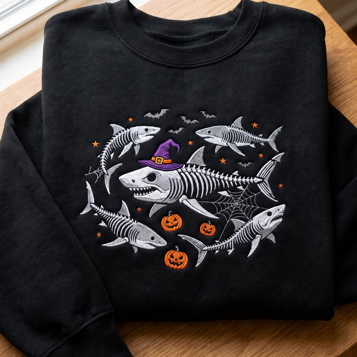 Personalized Halloween Skeleton Shark Witch Hat Pumpkins Bats Spider Web Embroidered Sweatshirt
