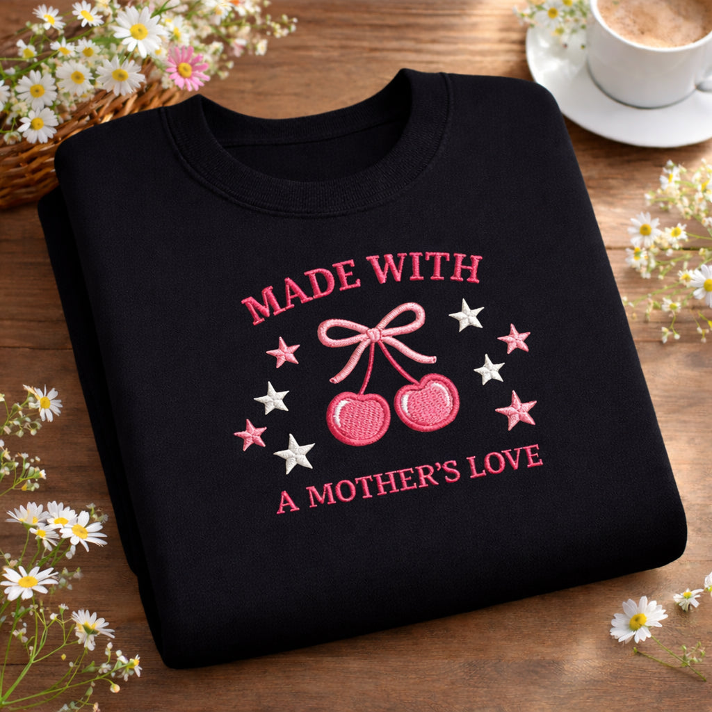 Made with a Mother's Love Cherry Bow Stars Coquette embroidered sweatshirt — front view