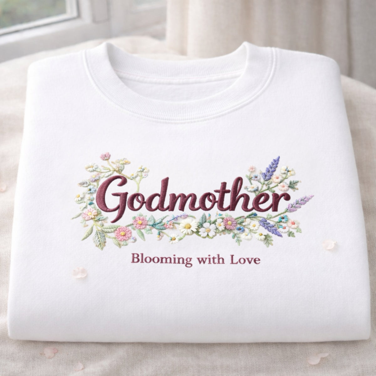 Godmother Wildflower Blooming with Love Floral embroidered sweatshirt — front view