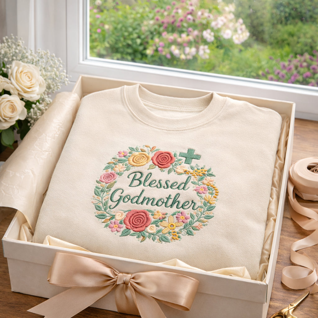 Blessed Godmother Floral Wreath Cross Faith embroidered sweatshirt — front view