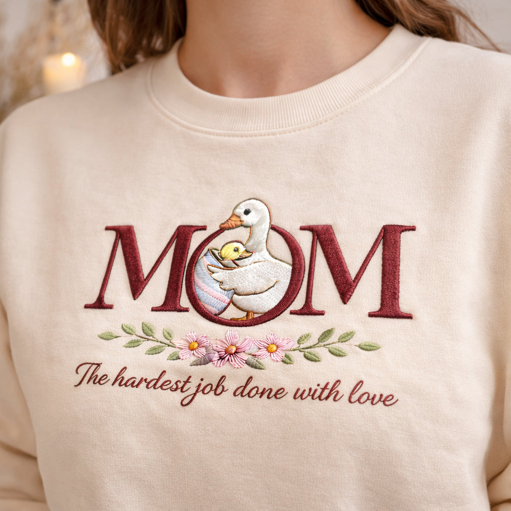 Mom Goose Duck Mother Baby Floral the Hardest Job Done with Love embroidered sweatshirt — front view