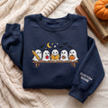 Personalized Halloween Five Ghosts Teacher Pencil Apple Book Coffee Pumpkin Bench Moon Bats embroidered sweatshirt — front view