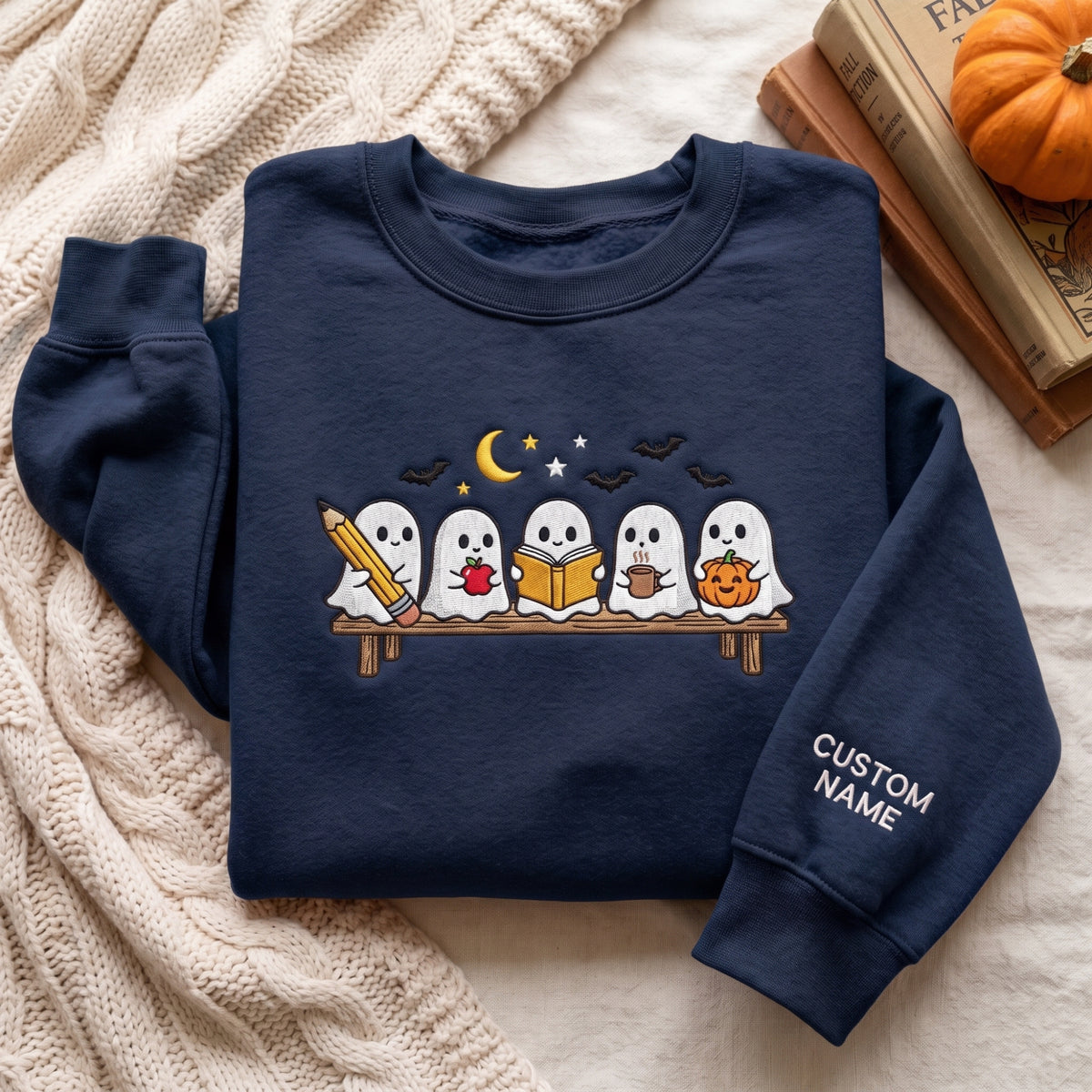 Personalized Halloween Five Ghosts Teacher Pencil Apple Book Coffee Pumpkin Bench Moon Bats embroidered sweatshirt — front view