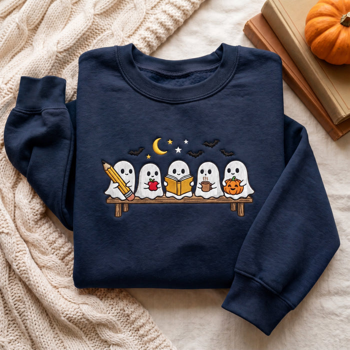 Personalized Halloween Five Ghosts Teacher Pencil Apple Book Coffee Pumpkin Bench Moon Bats Embroidered Sweatshirt