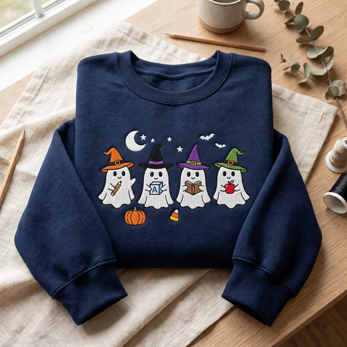 Personalized Halloween Four Ghost Teacher Witch Hat Pencil Apple Book Embroidered Sweatshirt