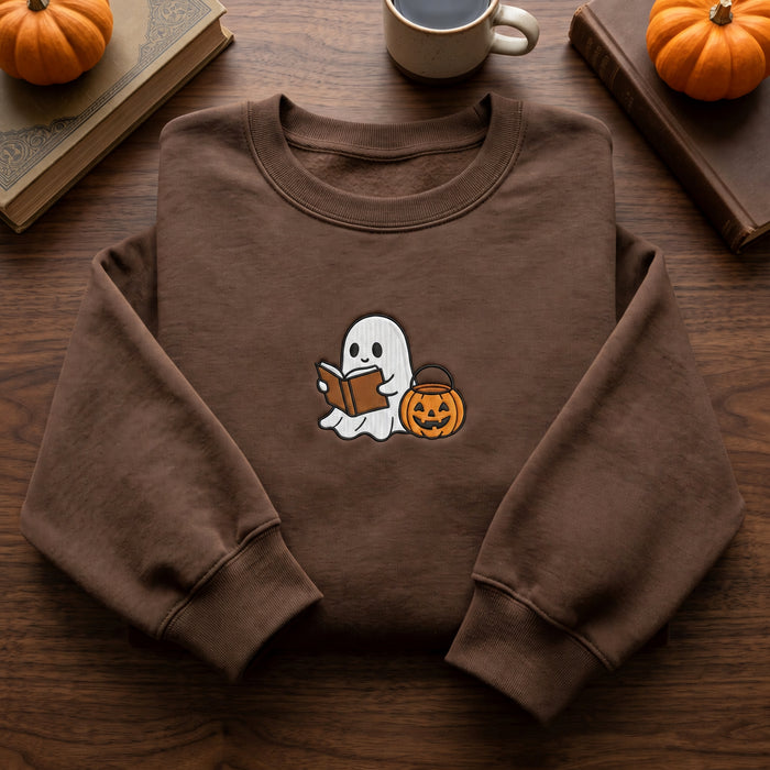 Personalized Halloween Reading Ghost Pumpkin Bucket Book Lover Embroidered Sweatshirt