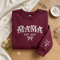 Personalized Mama EST Year Daisy Floral Letters Bow Kids Names Sleeve embroidered sweatshirt — front view