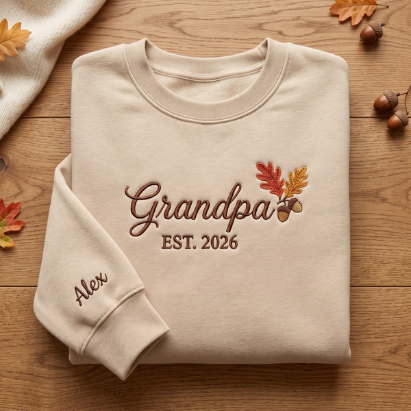 Personalized Grandpa EST Year Fall Leaves Acorn Kids Names on Sleeve embroidered sweatshirt — front view