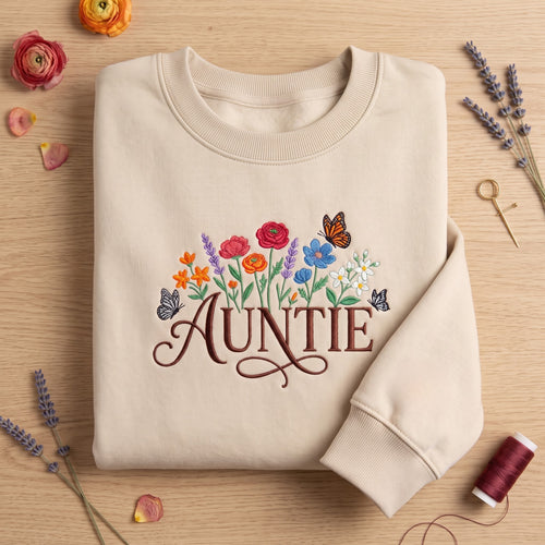 Auntie Wildflower Bouquet Butterflies Floral embroidered sweatshirt — front view