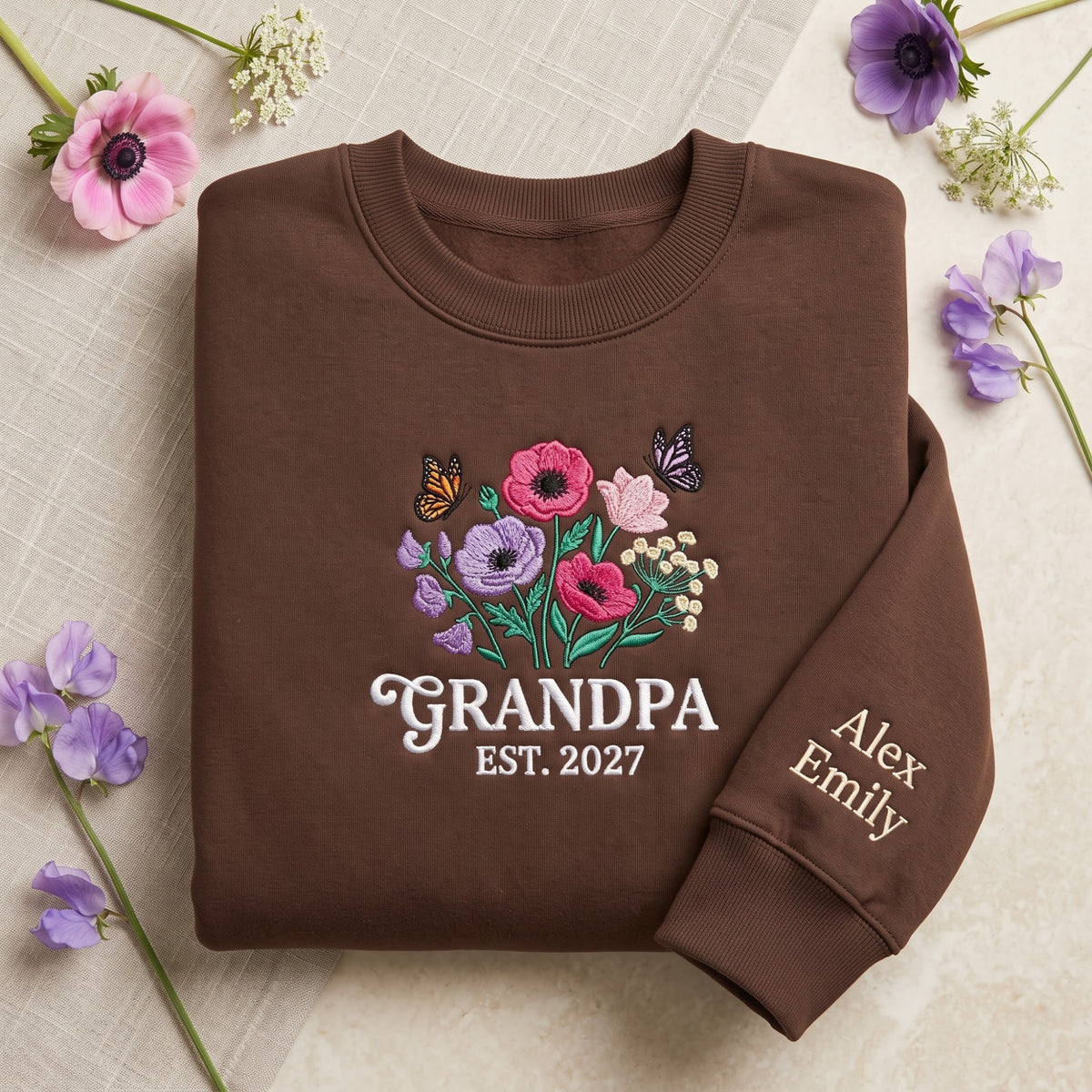 Personalized Grandpa EST Year Wildflower Bouquet Butterflies Sleeve Names embroidered sweatshirt — front view