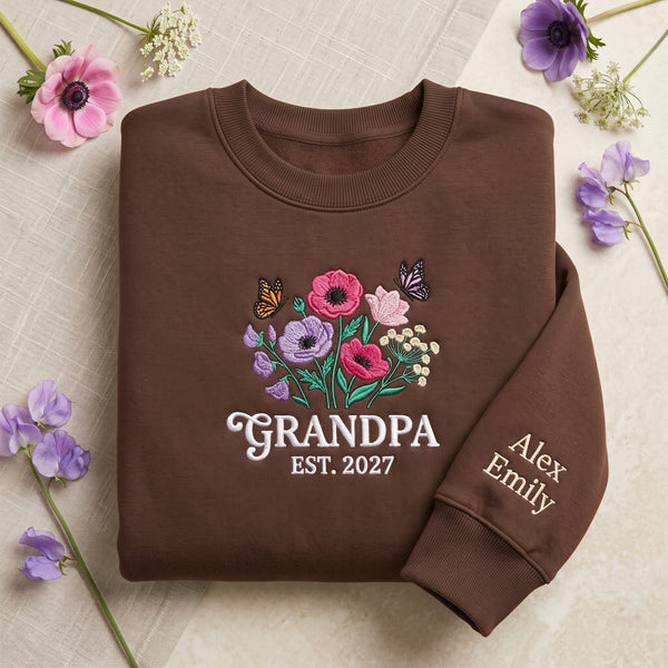 Personalized Grandpa EST Year Wildflower Bouquet Butterflies Sleeve Names embroidered sweatshirt — front view