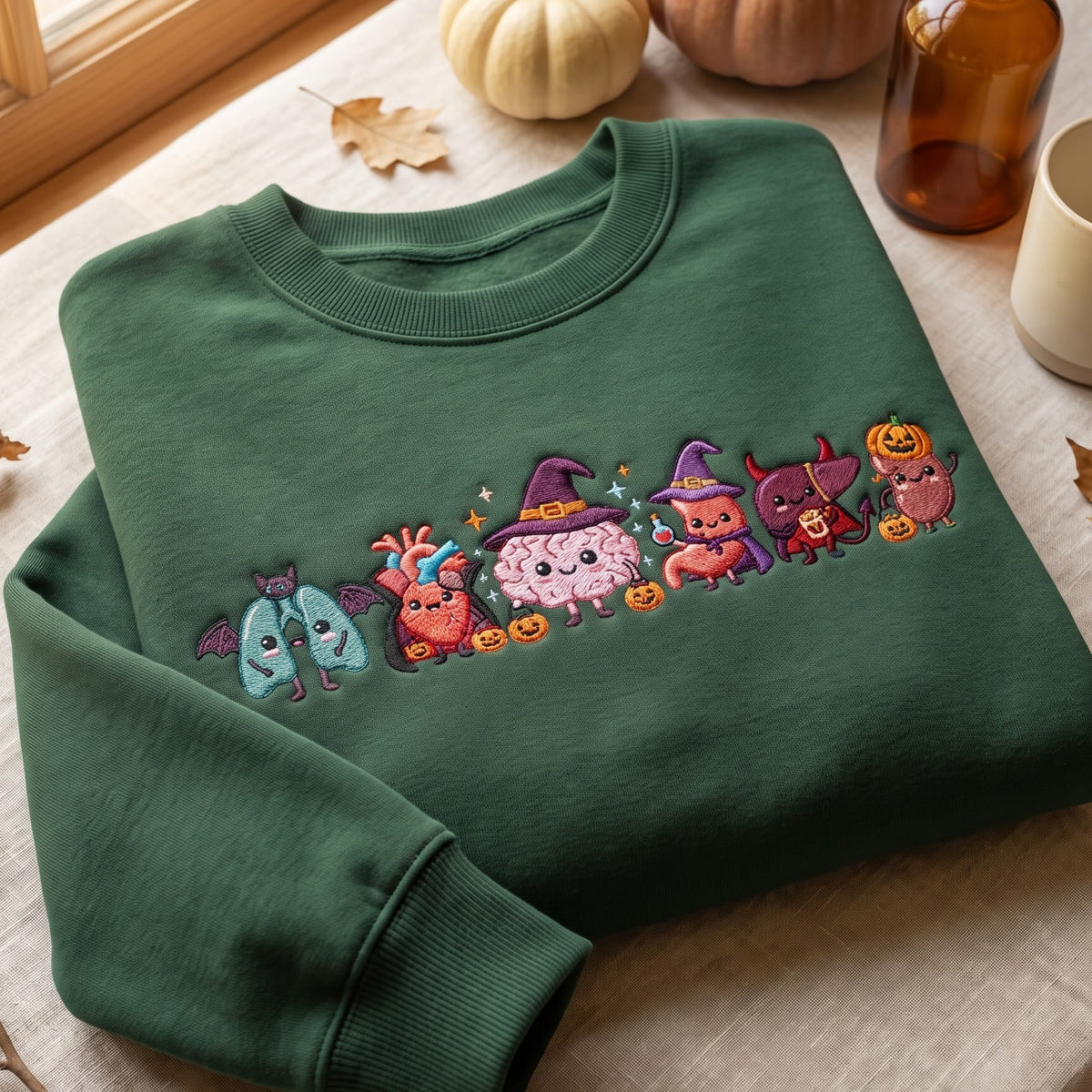 Halloween Anatomy Organs in Costumes Witch Devil Bat Pumpkin embroidered sweatshirt — front view