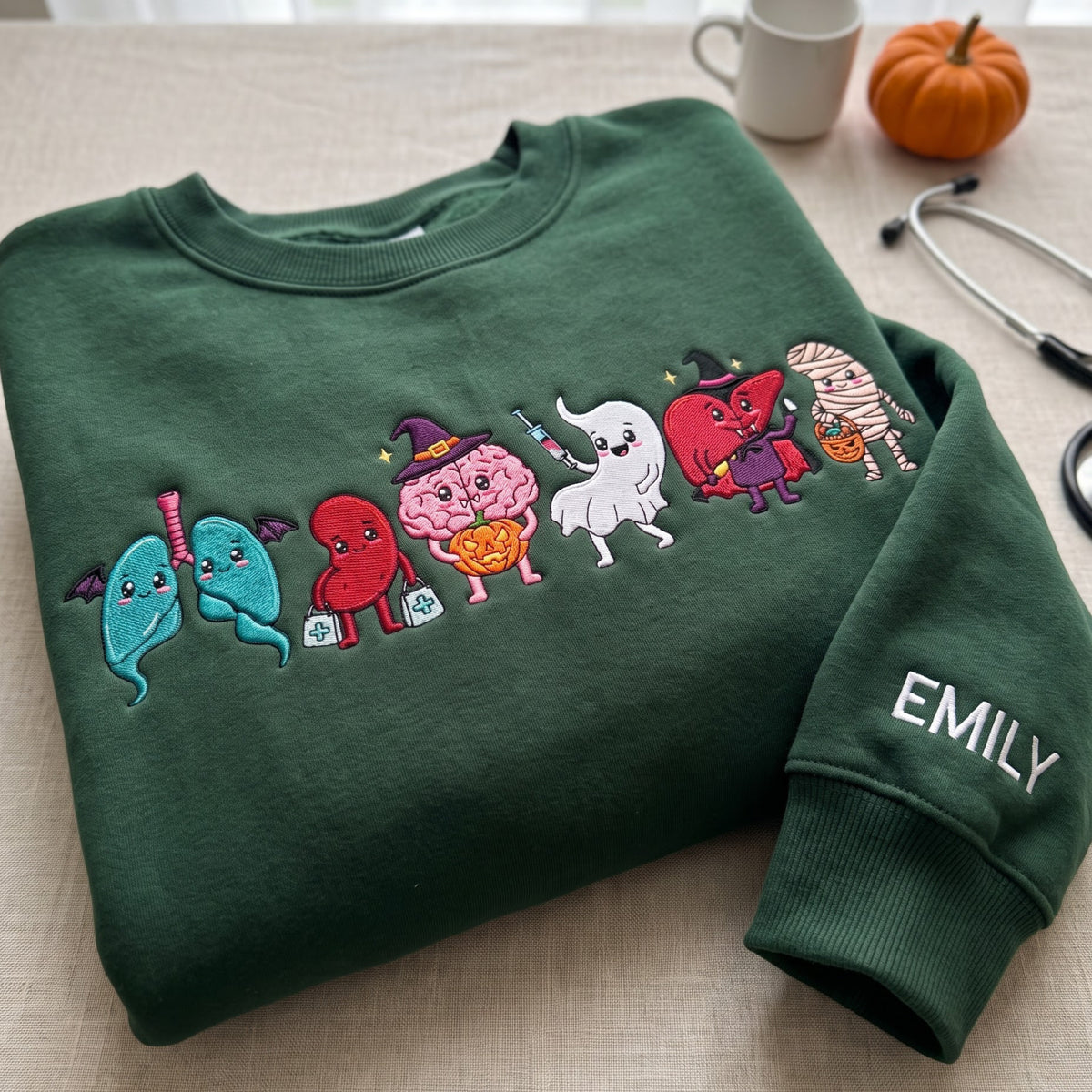 Personalized Halloween Anatomy Organs in Costumes Ghost Witch Mummy Nurse embroidered sweatshirt — front view