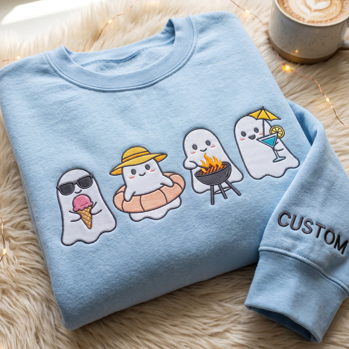 Personalized Summer Ghost Ice Cream Pool Float BBQ Cocktail Four Ghosts embroidered sweatshirt — front view