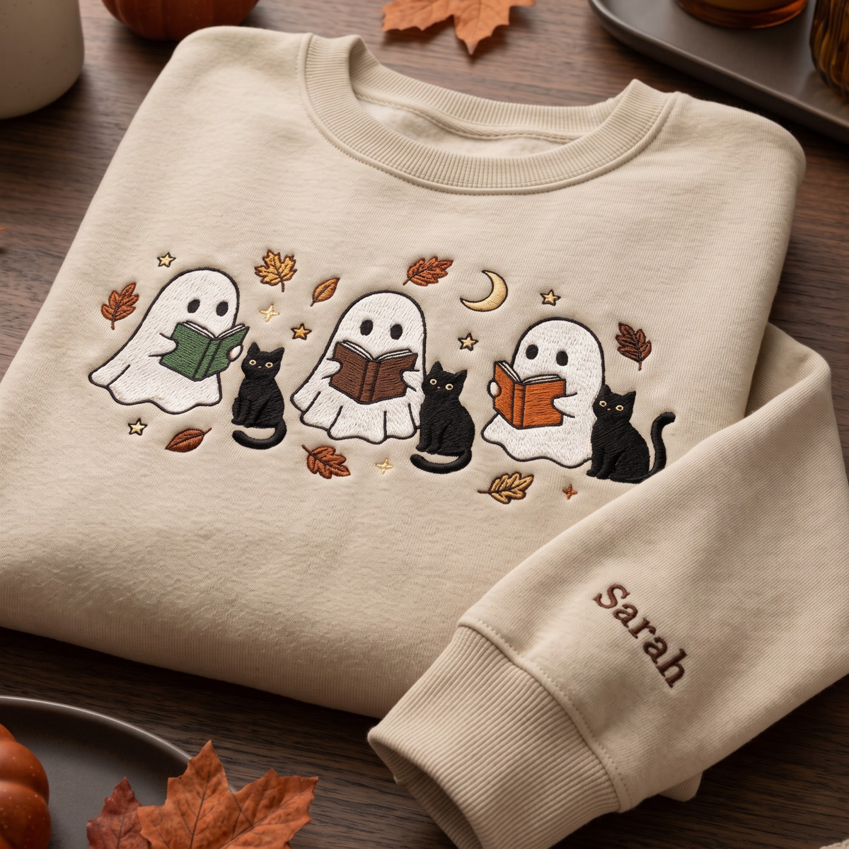 Personalized Halloween Ghosts Reading Books Black Cats Autumn Leaves Moon embroidered sweatshirt — front view