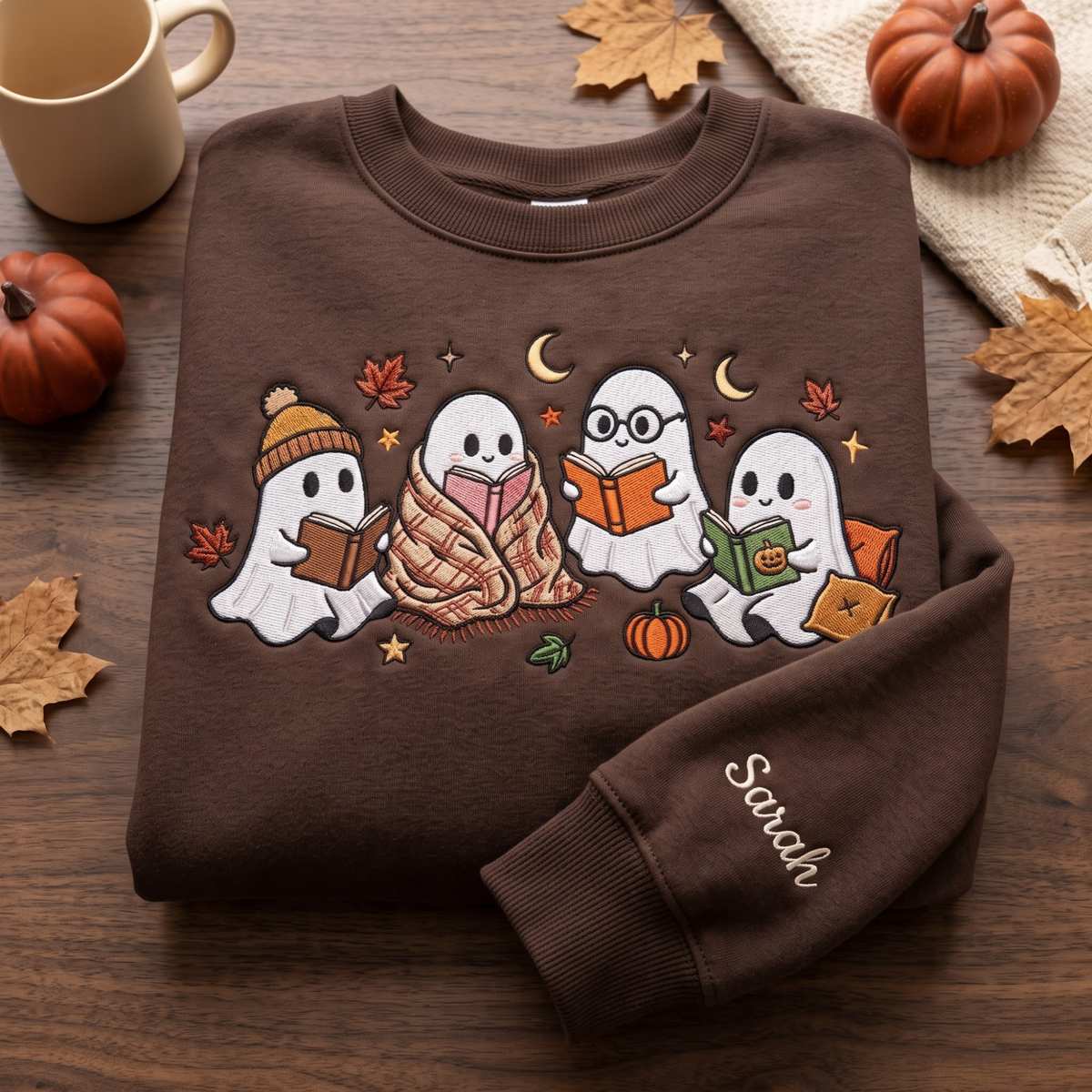 Personalized Halloween Ghosts Reading Books Pumpkin Autumn Leaves Moon Cozy Blanket embroidered sweatshirt — front view