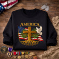 America Cross Tree Roots American Flag Peace Dove Faith Patriotic embroidered sweatshirt — front view