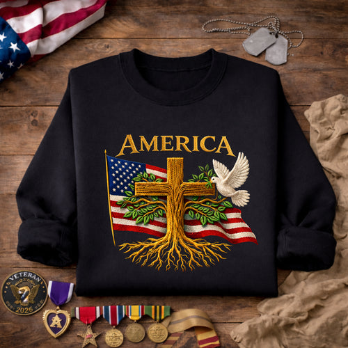 America Cross Tree Roots American Flag Peace Dove Faith Patriotic embroidered sweatshirt — front view